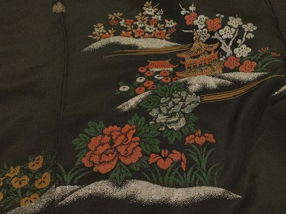 平和屋着物＃羽織 寿光織 風景花文 黒地 銀糸 正絹 逸品 CABK3579in