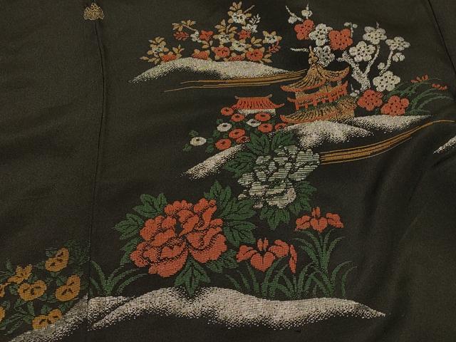 平和屋着物＃羽織 寿光織 風景花文 黒地 銀糸 正絹 逸品 CABK3579in