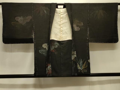平和屋着物＃羽織 寿光織 笹松文 黒地 金銀糸 正絹 逸品 CABK3580in