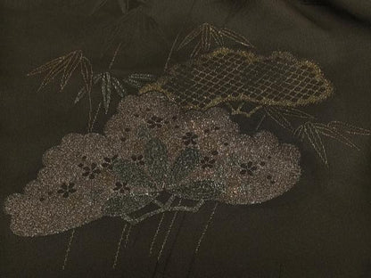 平和屋着物＃羽織 寿光織 笹松文 黒地 金銀糸 正絹 逸品 CABK3580in