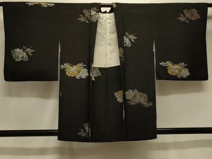 平和屋着物＃羽織 寿光織 草花文 黒地 金銀糸 正絹 逸品 CABK3582in