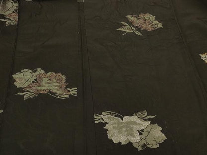 平和屋着物＃羽織 寿光織 草花文 黒地 金銀糸 正絹 逸品 CABK3582in