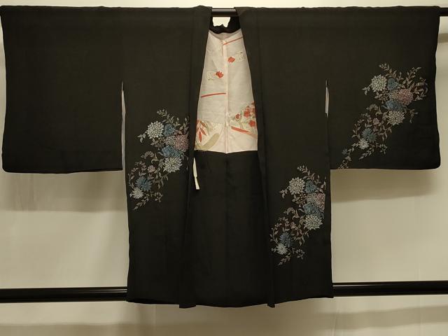 平和屋着物＃羽織 草花文 黒地 銀彩 正絹 逸品 CABK3584in