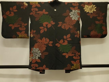 平和屋着物＃羽織 寿光織 草花文 黒地 金銀糸 正絹 逸品 CABK3586in