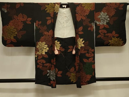 平和屋着物＃羽織 寿光織 草花文 黒地 金銀糸 正絹 逸品 CABK3586in
