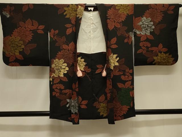 平和屋着物＃羽織 寿光織 草花文 黒地 金銀糸 正絹 逸品 CABK3586in