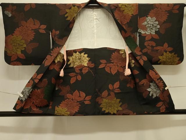 平和屋着物＃羽織 寿光織 草花文 黒地 金銀糸 正絹 逸品 CABK3586in