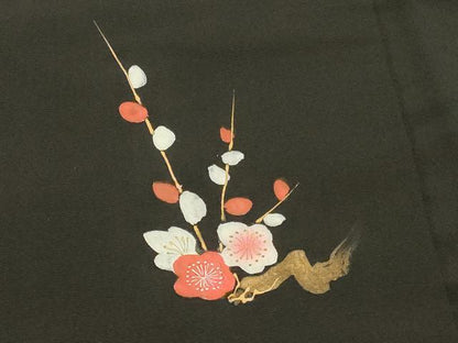 平和屋着物＃羽織 手描き 枝梅文 黒地 金彩 正絹 逸品 CABK3597in