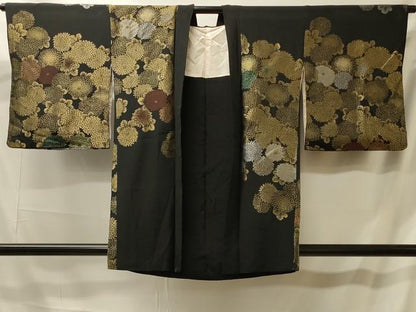 平和屋着物＃羽織 寿光織 菊づくし 黒地 金銀糸 正絹 逸品 CABK3599in