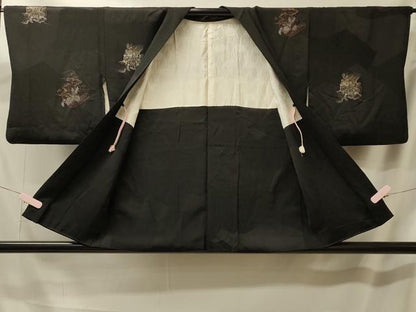 平和屋着物＃羽織 花絵巻文 黒地 金銀彩 正絹 逸品 CABK3600in