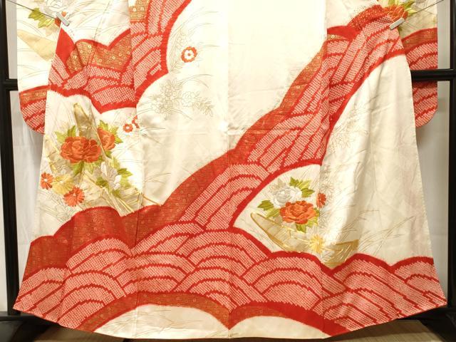 平和屋着物■豪華振袖　駒刺繍　舟　草花文　正絹　逸品　CABK3670ev