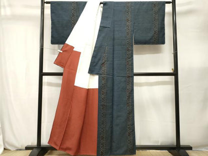 平和屋着物■上質な紬　幾何学間道　正絹　逸品　CABK3695ev