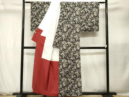 平和屋着物■小紋　枝花文　黒地　洗える着物　CABK3716ev