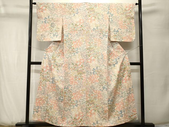 平和屋着物■上質な小紋　切嵌更紗枝花文　鬼しぼ縮緬　正絹　逸品　CABK3787ev