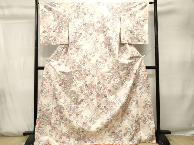 平和屋着物■上質な小紋　流水草花文　銀彩　正絹　逸品　CABK3795ev