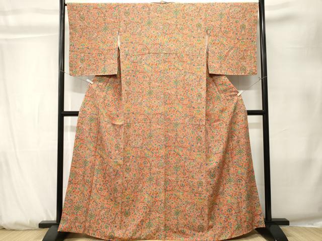 平和屋着物■上質な小紋　更紗枝花文　花喰鳥　正絹　逸品　CABK3829ev