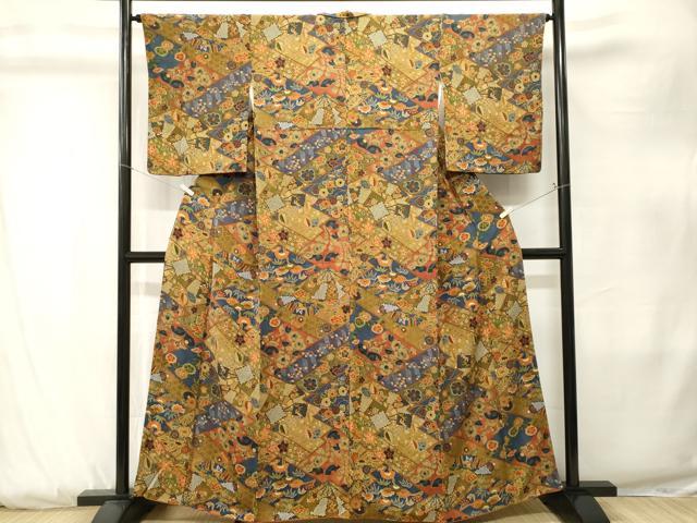 平和屋着物■上質な小紋　切嵌扇面花車文　鬼しぼ縮緬　正絹　逸品　CABK3841ev
