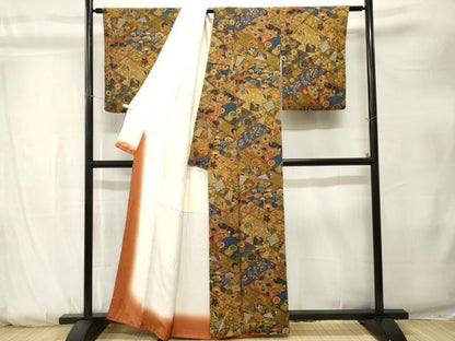 平和屋着物■上質な小紋　切嵌扇面花車文　鬼しぼ縮緬　正絹　逸品　CABK3841ev