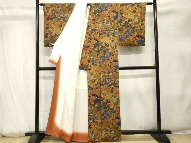 平和屋着物■上質な小紋　切嵌扇面花車文　鬼しぼ縮緬　正絹　逸品　CABK3841ev