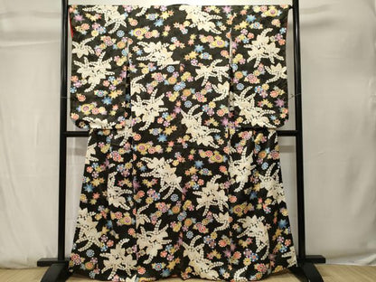 平和屋着物■小振袖　桐　草花文　黒地　正絹　逸品　CABK3846ev