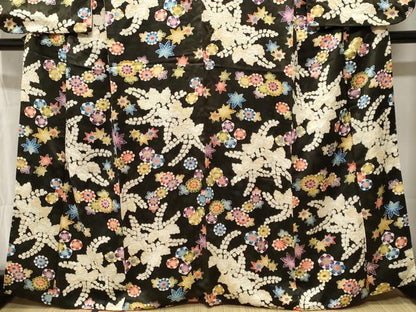 平和屋着物■小振袖　桐　草花文　黒地　正絹　逸品　CABK3846ev
