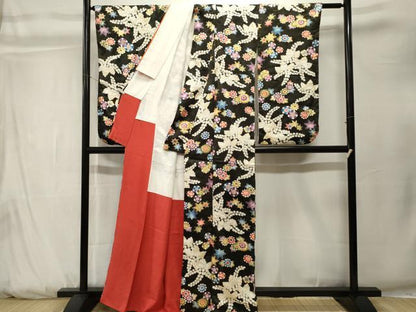 平和屋着物■小振袖　桐　草花文　黒地　正絹　逸品　CABK3846ev