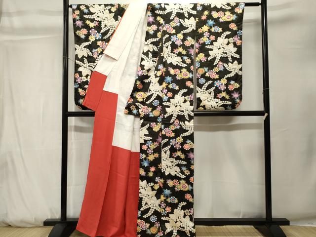 平和屋着物■小振袖　桐　草花文　黒地　正絹　逸品　CABK3846ev