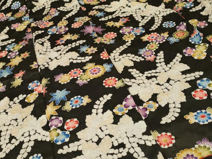 平和屋着物■小振袖　桐　草花文　黒地　正絹　逸品　CABK3846ev