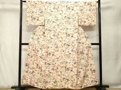 平和屋着物■上質な小紋　型染め　流水色紙舞花文　正絹　逸品　CABK3875ev