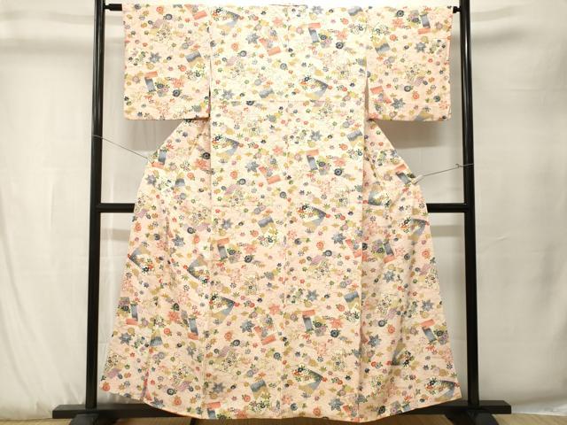 平和屋着物■上質な小紋　型染め　流水色紙舞花文　正絹　逸品　CABK3875ev