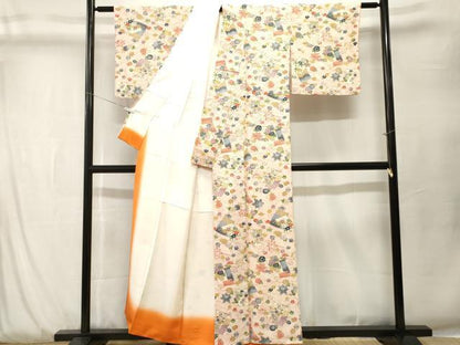 平和屋着物■上質な小紋　型染め　流水色紙舞花文　正絹　逸品　CABK3875ev