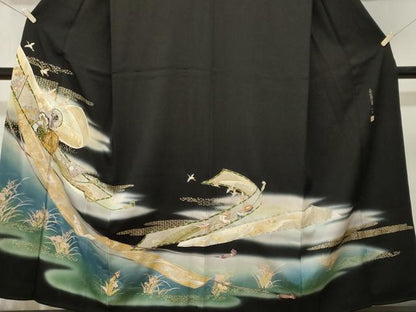 平和屋着物■豪華黒留袖　作家物　上村松園の世界　鼓　貝桶飛鶴扇面花文　暈し染め　金彩　正絹　逸品　CABK3891ev