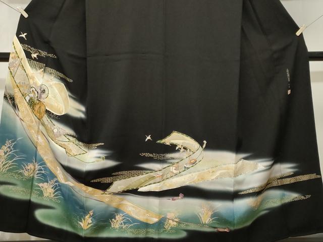 平和屋着物■豪華黒留袖　作家物　上村松園の世界　鼓　貝桶飛鶴扇面花文　暈し染め　金彩　正絹　逸品　CABK3891ev