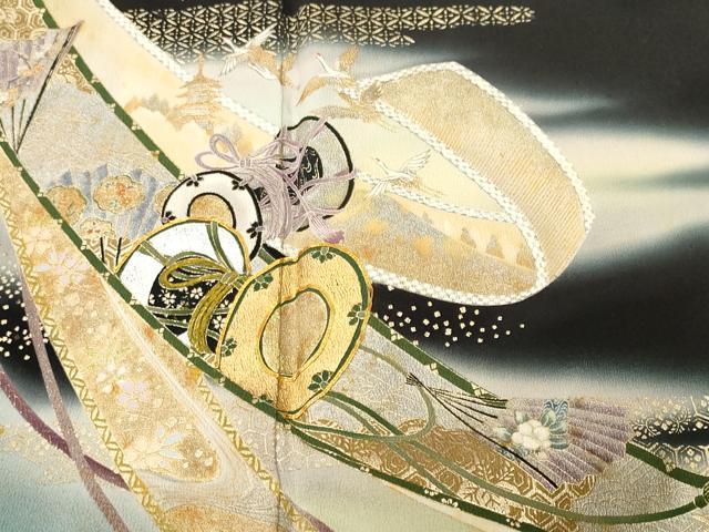 平和屋着物■豪華黒留袖　作家物　上村松園の世界　鼓　貝桶飛鶴扇面花文　暈し染め　金彩　正絹　逸品　CABK3891ev