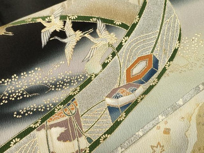 平和屋着物■豪華黒留袖　作家物　上村松園の世界　鼓　貝桶飛鶴扇面花文　暈し染め　金彩　正絹　逸品　CABK3891ev