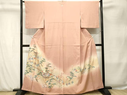 平和屋着物■訪問着　作家物　寿光織　久美姿　松竹梅人物渡り橋文　暈し染め　金糸　反端付き　正絹　逸品　CABK3901ev