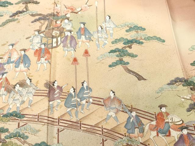 平和屋着物■訪問着　作家物　寿光織　久美姿　松竹梅人物渡り橋文　暈し染め　金糸　反端付き　正絹　逸品　CABK3901ev