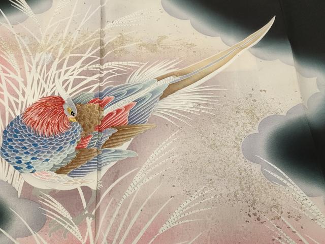平和屋着物■豪華黒留袖　刺繍　尾長鳥芒文　暈し染め　金銀彩　正絹　逸品　CABK3913ev