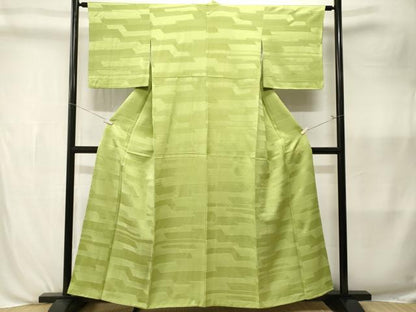 平和屋着物■上質な色無地　横段地紋　若苗色　正絹　逸品　CABK3981ev