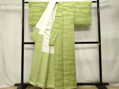 平和屋着物■上質な色無地　横段地紋　若苗色　正絹　逸品　CABK3981ev