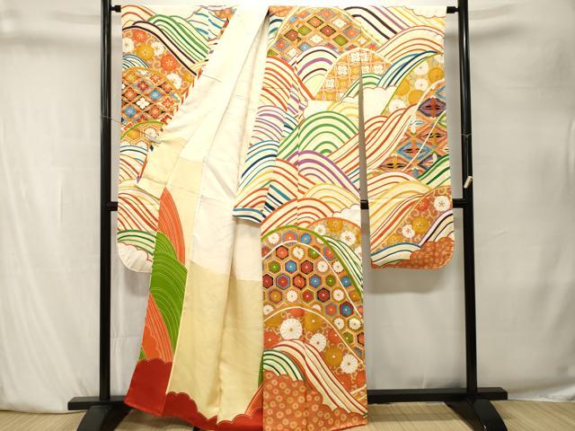 平和屋着物■豪華振袖　流水双鶴吉祥花文　金彩　正絹　逸品　CABK4037ev