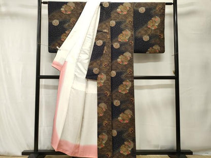 平和屋着物■上質な小紋　絞り　ふくれ織　立波雪輪草花文　黒地　金彩　正絹　逸品　CABK4106ev