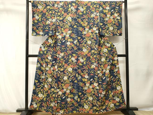 平和屋着物■上質な小紋　萩　草花文　金彩　鬼しぼ縮緬　正絹　逸品　CABK4141ev