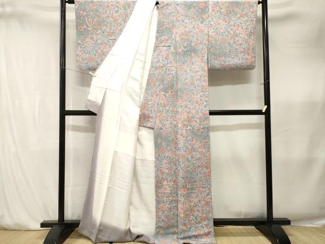 平和屋着物■上質な小紋　更紗鳳凰花文　暈し染め　鬼しぼ縮緬　正絹　逸品　CABK4160ev