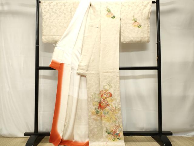 平和屋着物■訪問着　刺繍　渡り橋文箱草花文　金彩　正絹　逸品　CABK4162ev