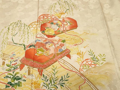 平和屋着物■訪問着　刺繍　渡り橋文箱草花文　金彩　正絹　逸品　CABK4162ev