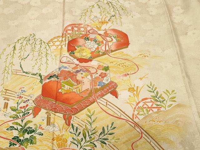 平和屋着物■訪問着　刺繍　渡り橋文箱草花文　金彩　正絹　逸品　CABK4162ev
