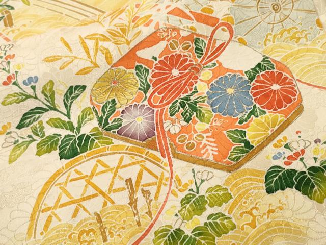 平和屋着物■訪問着　刺繍　渡り橋文箱草花文　金彩　正絹　逸品　CABK4162ev