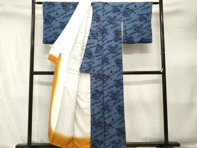 平和屋着物■上質な小紋　型染め　藍　花鳥文　正絹　逸品　CABK4170ev