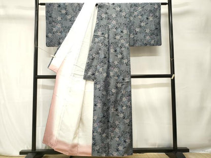 平和屋着物■真綿結城紬　草花文　反端付き　正絹　逸品　CABK4193ev